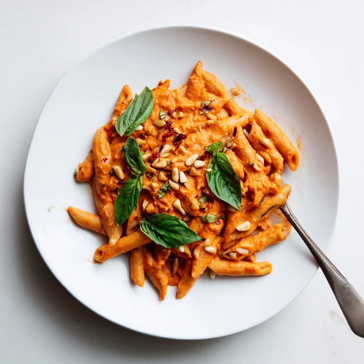 Twirled pasta strands in velvety sun-dried tomato cashew sauce finished with chopped fresh basil leaves