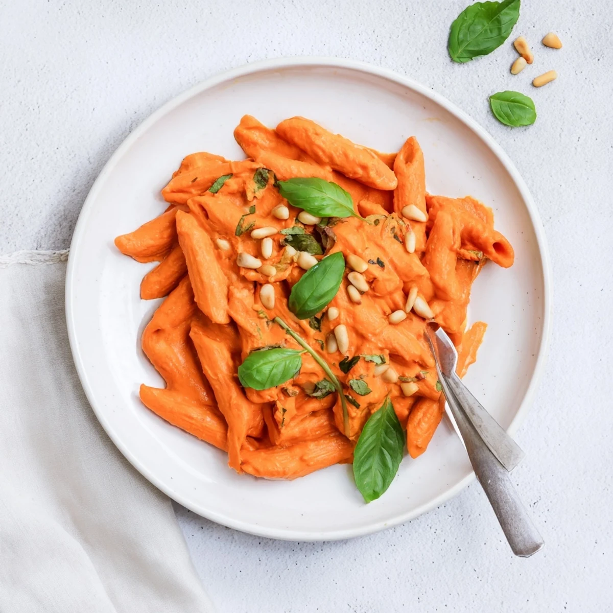 Bowl of creamy vegan sun dried tomato pasta tossed with toasted pine nuts and black pepper
