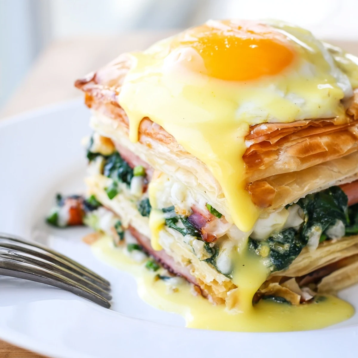 Golden baked eggs Napoleon featuring layered puff pastry with creamy spinach and rich hollandaise sauce drizzled over the top
