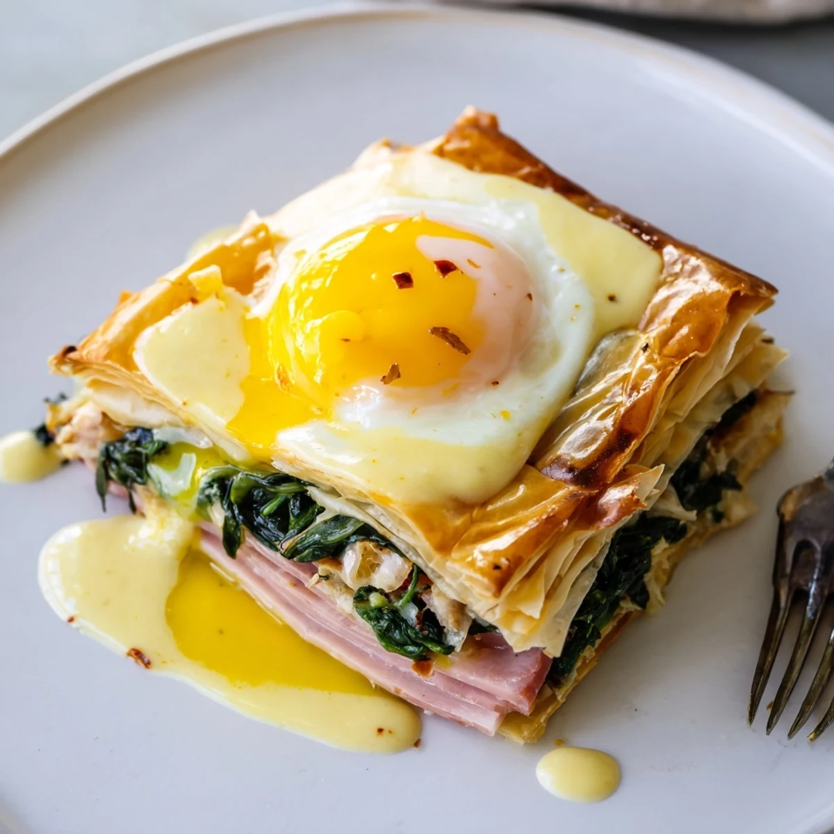 Flaky puff pastry stacks with smoked ham, sautéed spinach, and runny baked eggs topped with velvety hollandaise