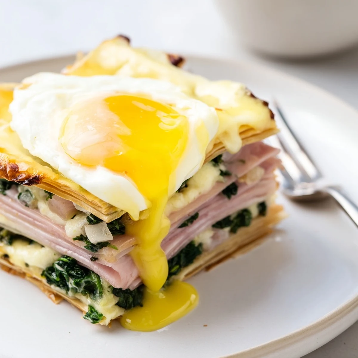 Elegant baked eggs Napoleon served on crisp pastry layers with golden yolks and luscious hollandaise finishing touch