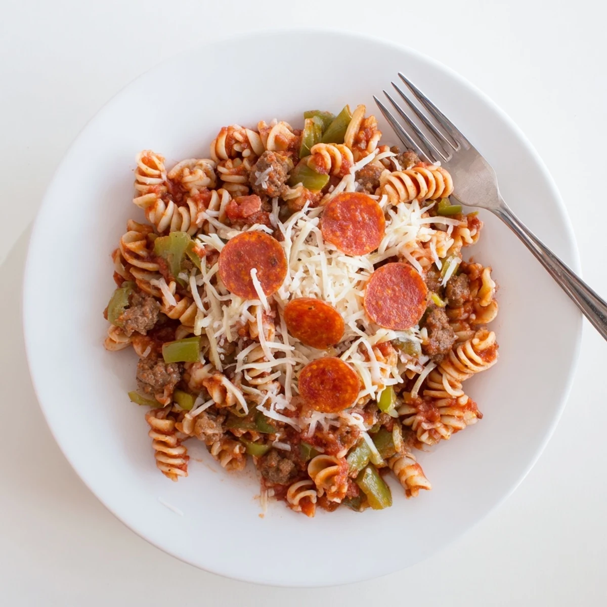Crockpot pizza pasta with melted mozzarella, pepperoni slices, and Italian sausage bubbling in a slow cooker