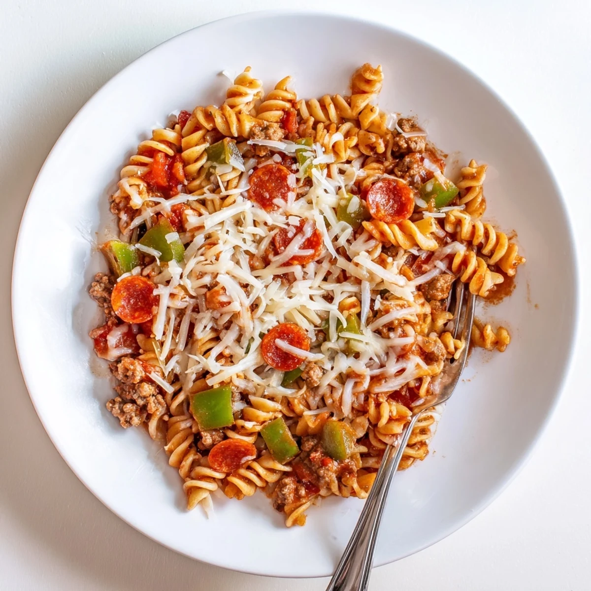 Hearty crockpot pizza pasta featuring rotini noodles coated in marinara sauce with layers of cheesy goodness