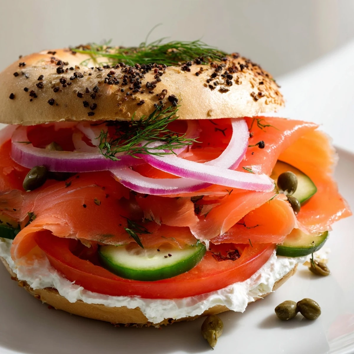 Toasted bagel layered with smoked salmon, creamy cheese, red onion, and fresh dill