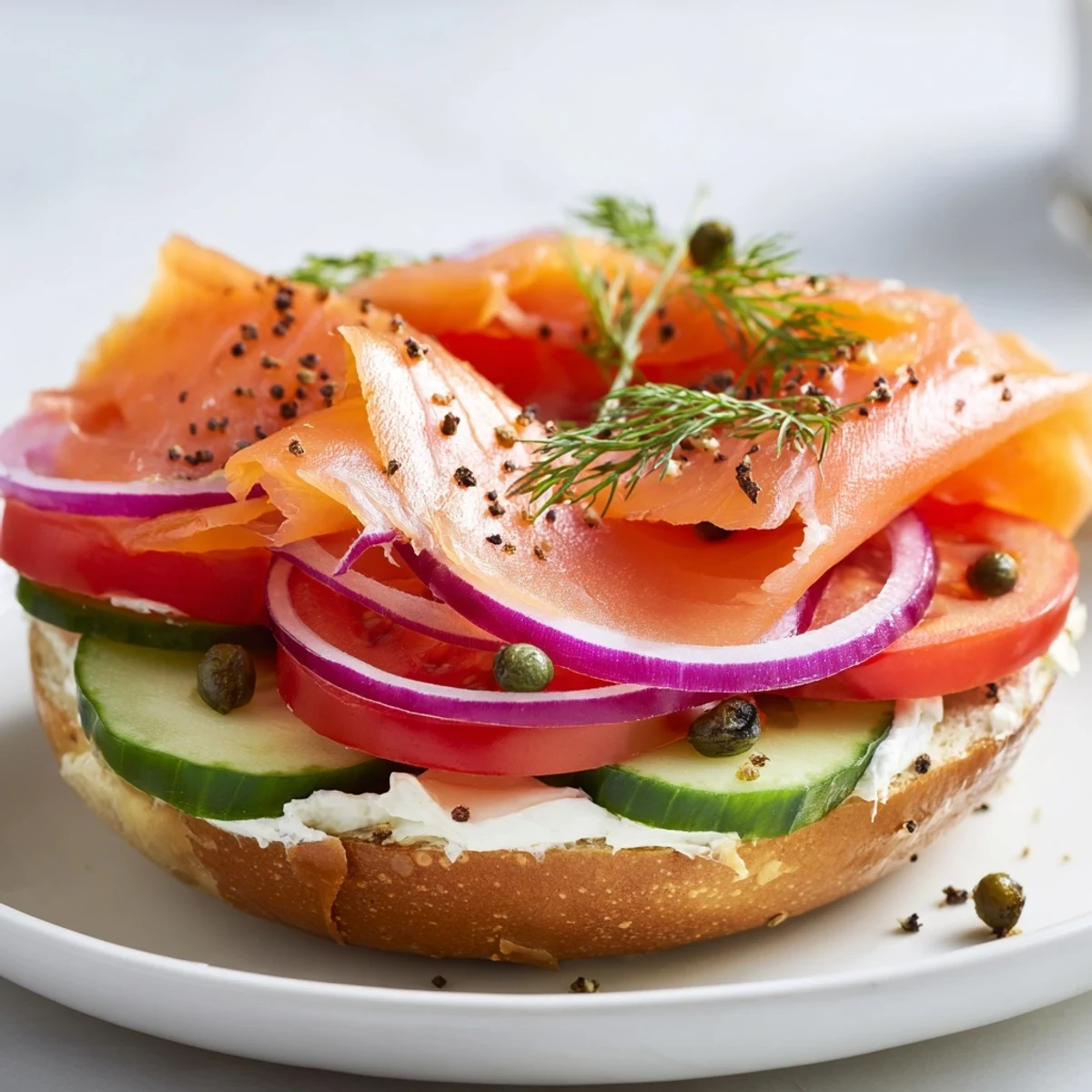 Golden toasted bagel piled high with smoked salmon and crisp vegetables for brunch