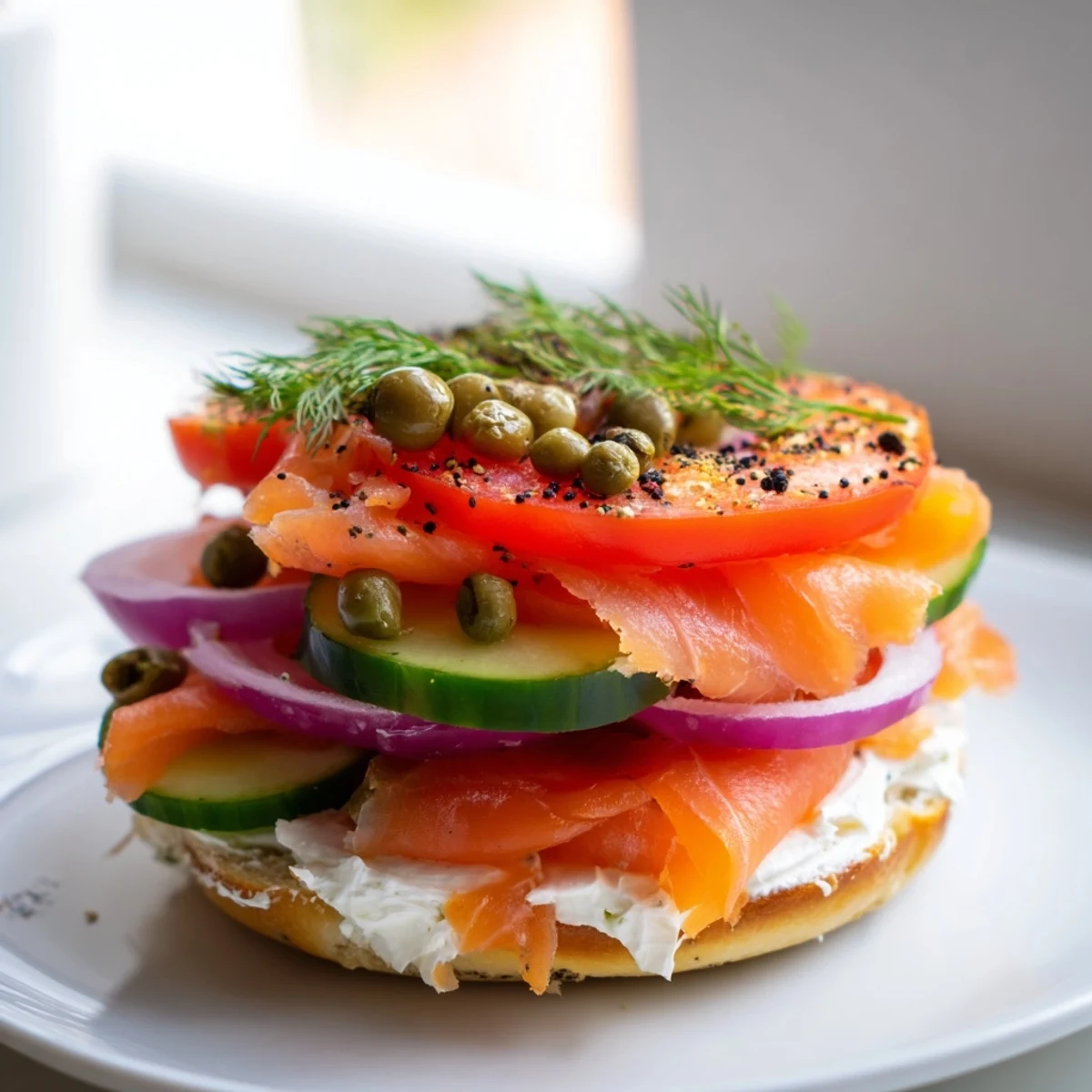 Open-faced smoked salmon bagel sandwich topped with tomato, cucumber, and tangy capers