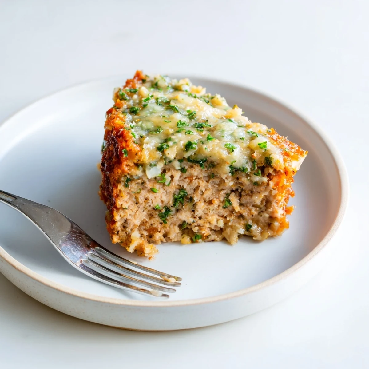Moist chicken meatloaf topped with melted Parmesan crust and fresh parsley garnish