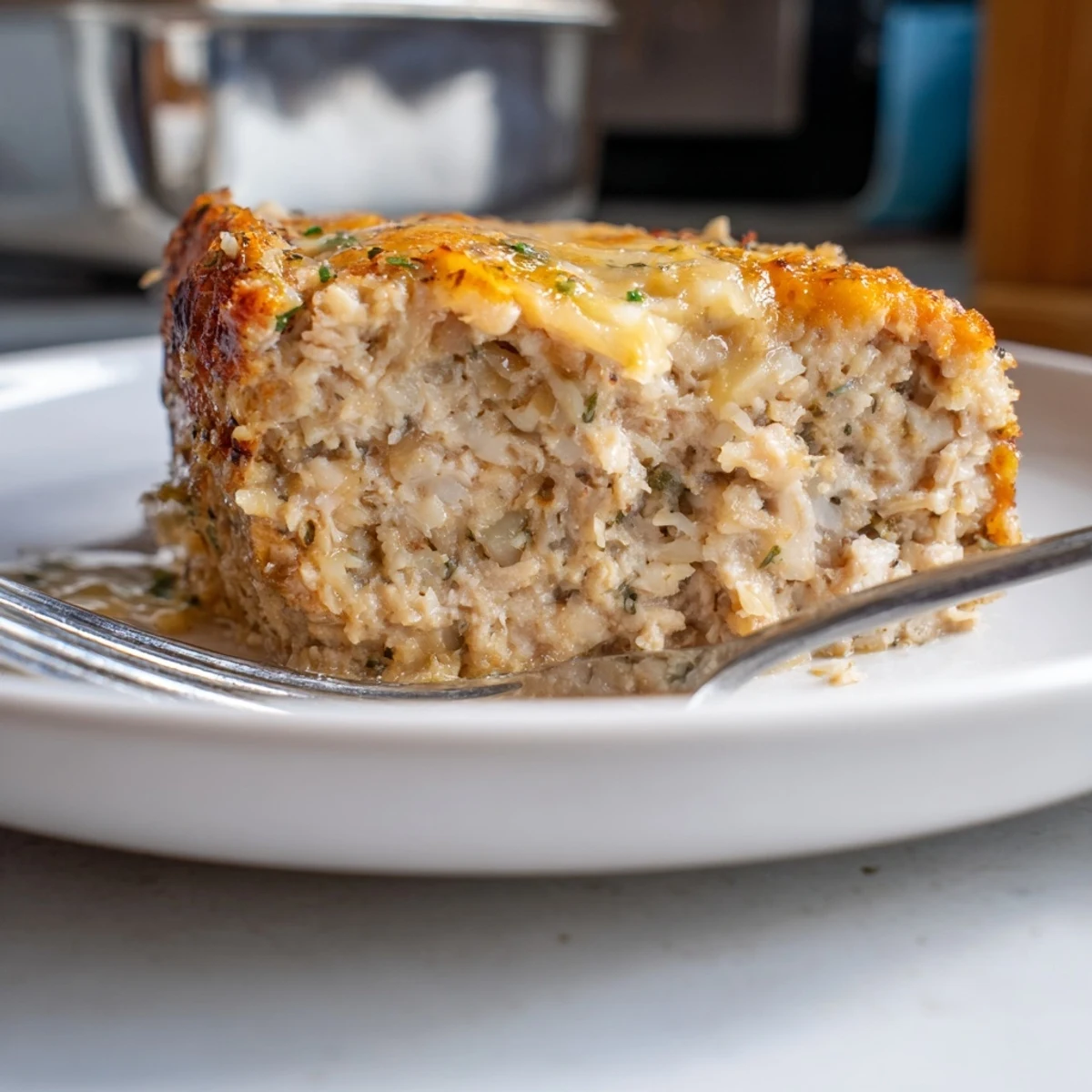 Golden brown garlic Parmesan chicken meatloaf sliced on a white serving platter