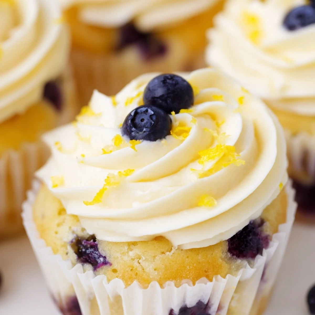 Light and fluffy lemon blueberry cupcakes topped with tangy cream cheese frosting on a white plate