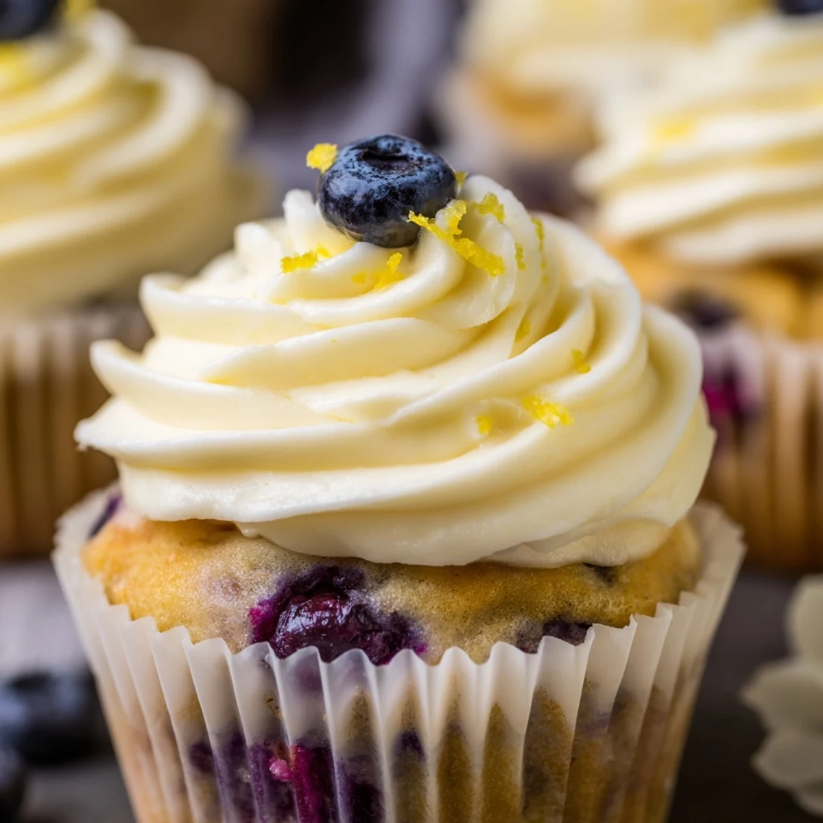 Fresh blueberry-studded lemon cupcakes with creamy zesty frosting and lemon zest garnish
