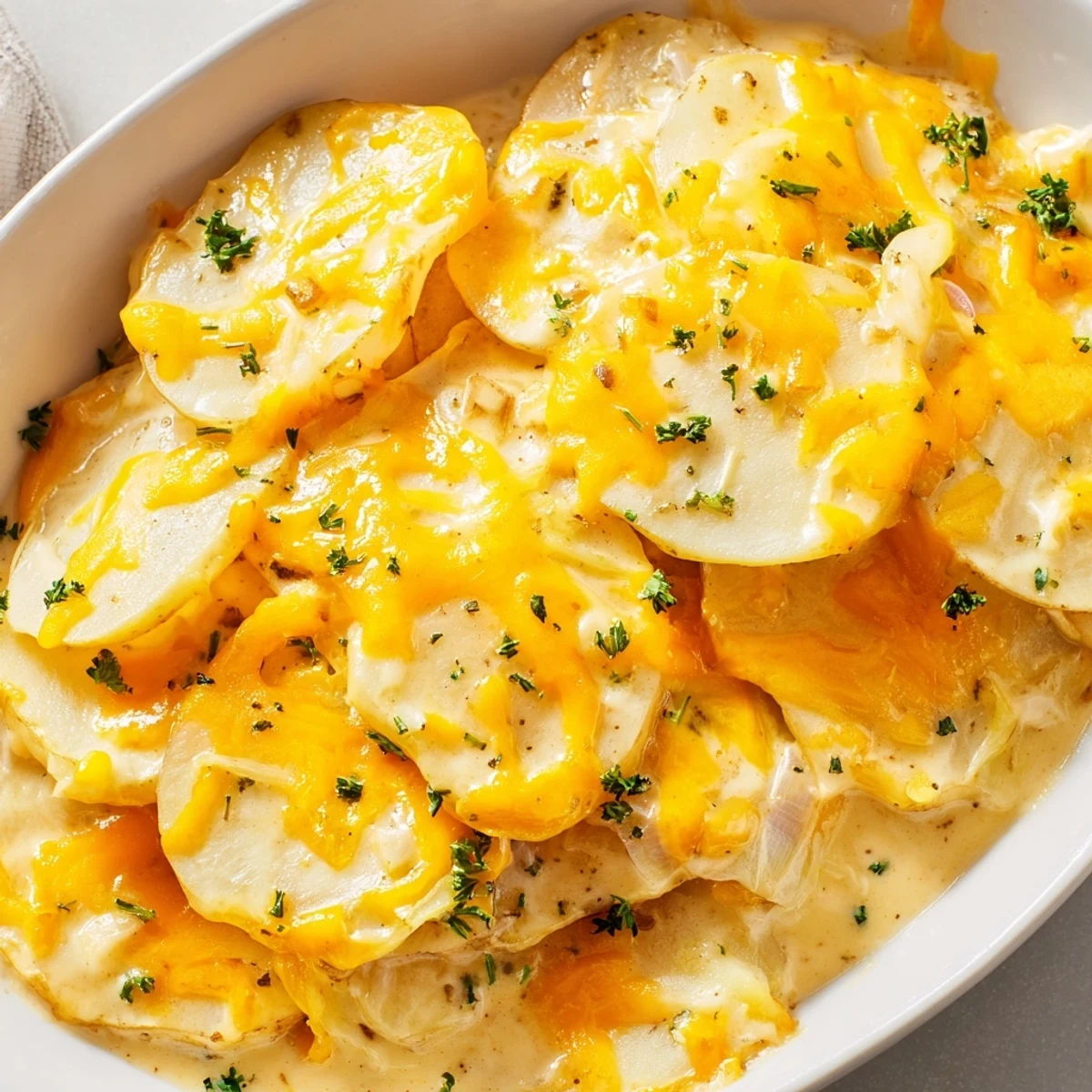 Golden Crockpot scalloped potatoes layered with melted cheddar cheese and creamy sauce