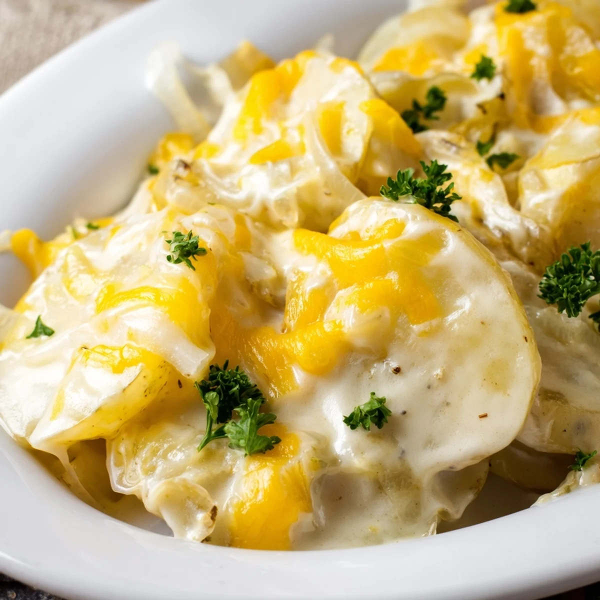 Tender slow-cooked potato slices bubbling in rich garlic cheese sauce in crockpot