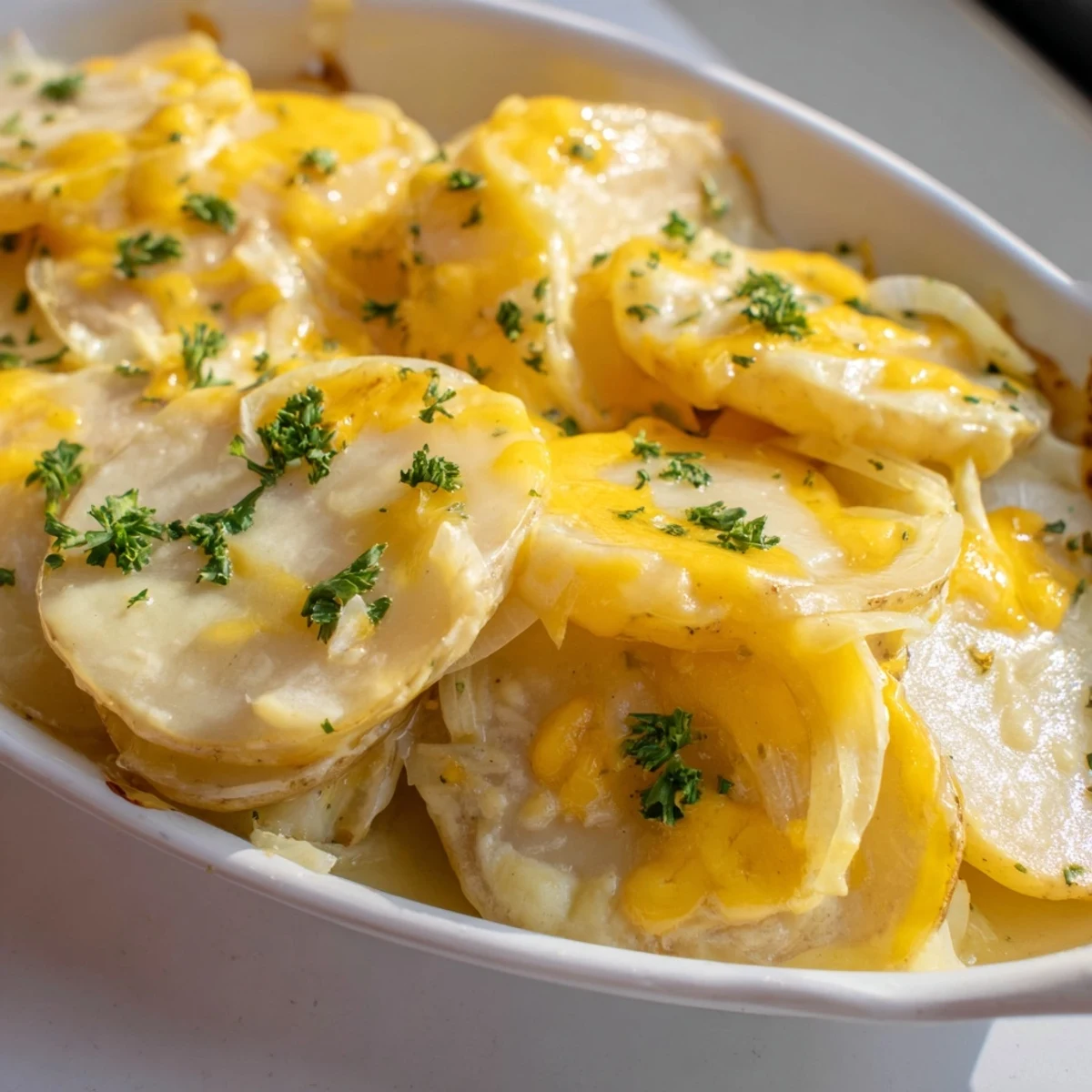 Creamy scalloped potatoes topped with shredded cheese and fresh parsley garnish