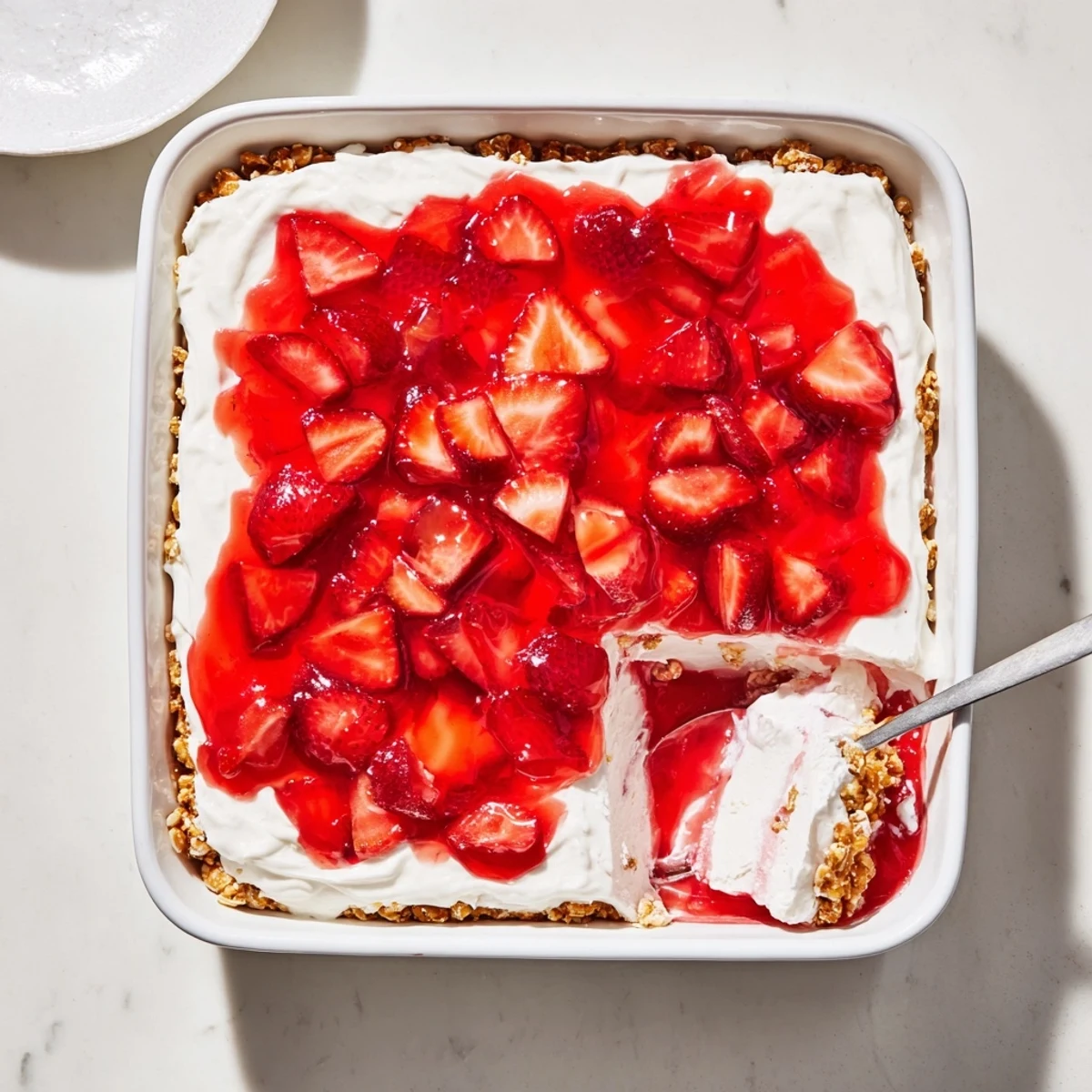 White rectangular dish of Strawberry Crackle Salad showcasing layers of pretzel crust, creamy filling, and vibrant red gelatin with fresh strawberry slices