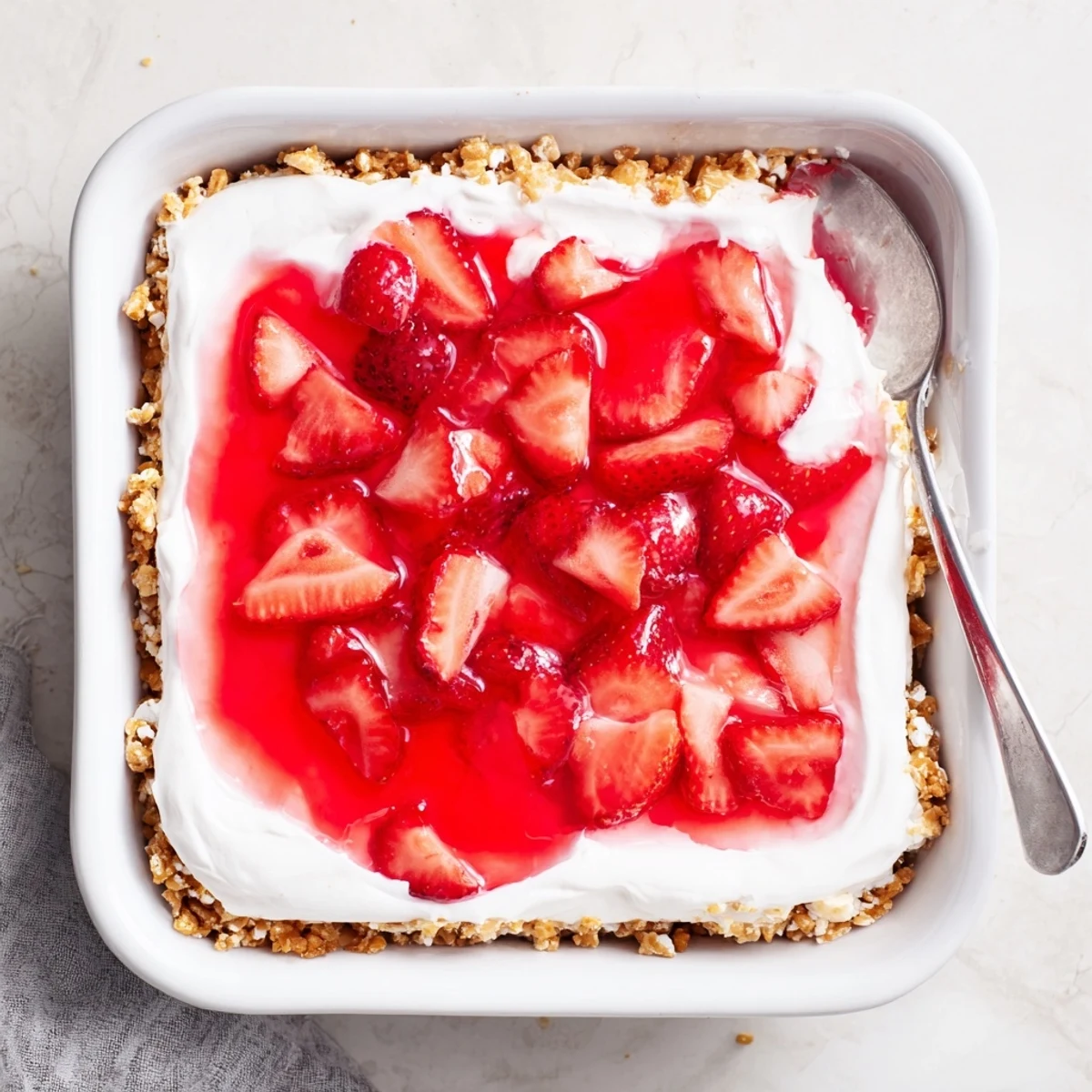 Chilled Strawberry Crackle Salad dessert with crunchy salty pretzel base, smooth cream cheese layer, and glistening strawberry gelatin topping