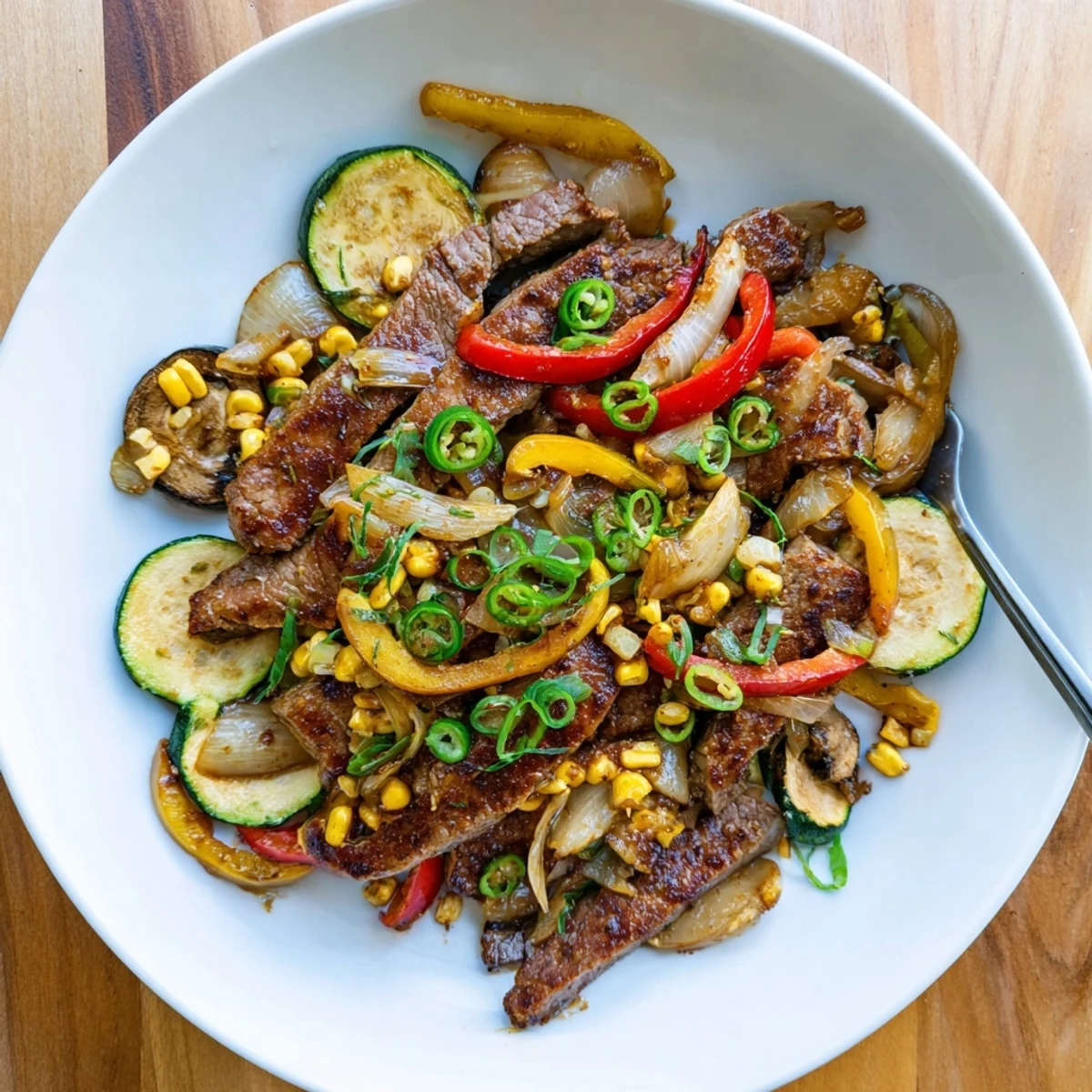 Sizzling Blackstone cowboy stir fry featuring tender sliced beef and colorful charred vegetables on a griddle