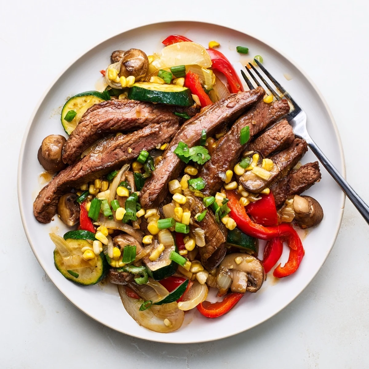 Rustic American West style Blackstone cowboy stir fry with caramelized peppers onions and smoky beef slices
