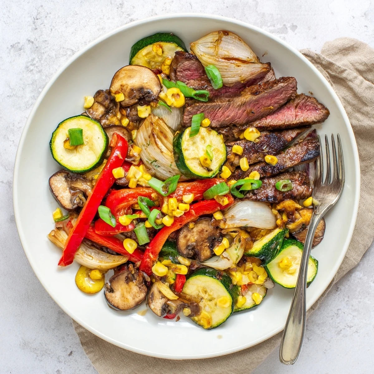 Hearty Blackstone cowboy stir fry loaded with seasoned steak corn zucchini and crisp bell peppers served hot