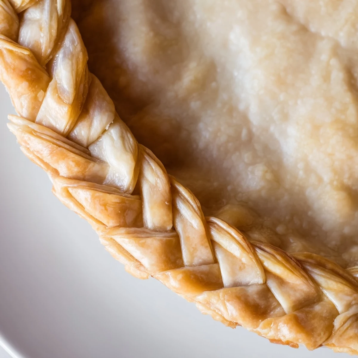 Golden brown fishtail braid pie crust with woven edges brushed with egg wash