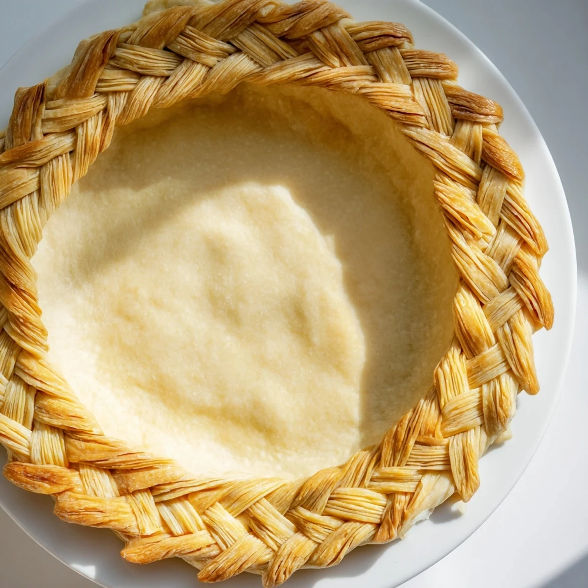 Intricate braided pastry border wrapping around a nine-inch pie plate