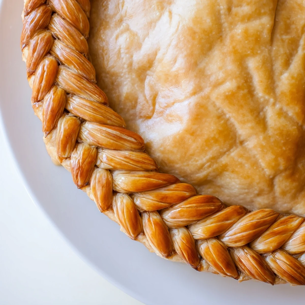 Woven four-strand fishtail design adorning a flaky homemade pie crust edge