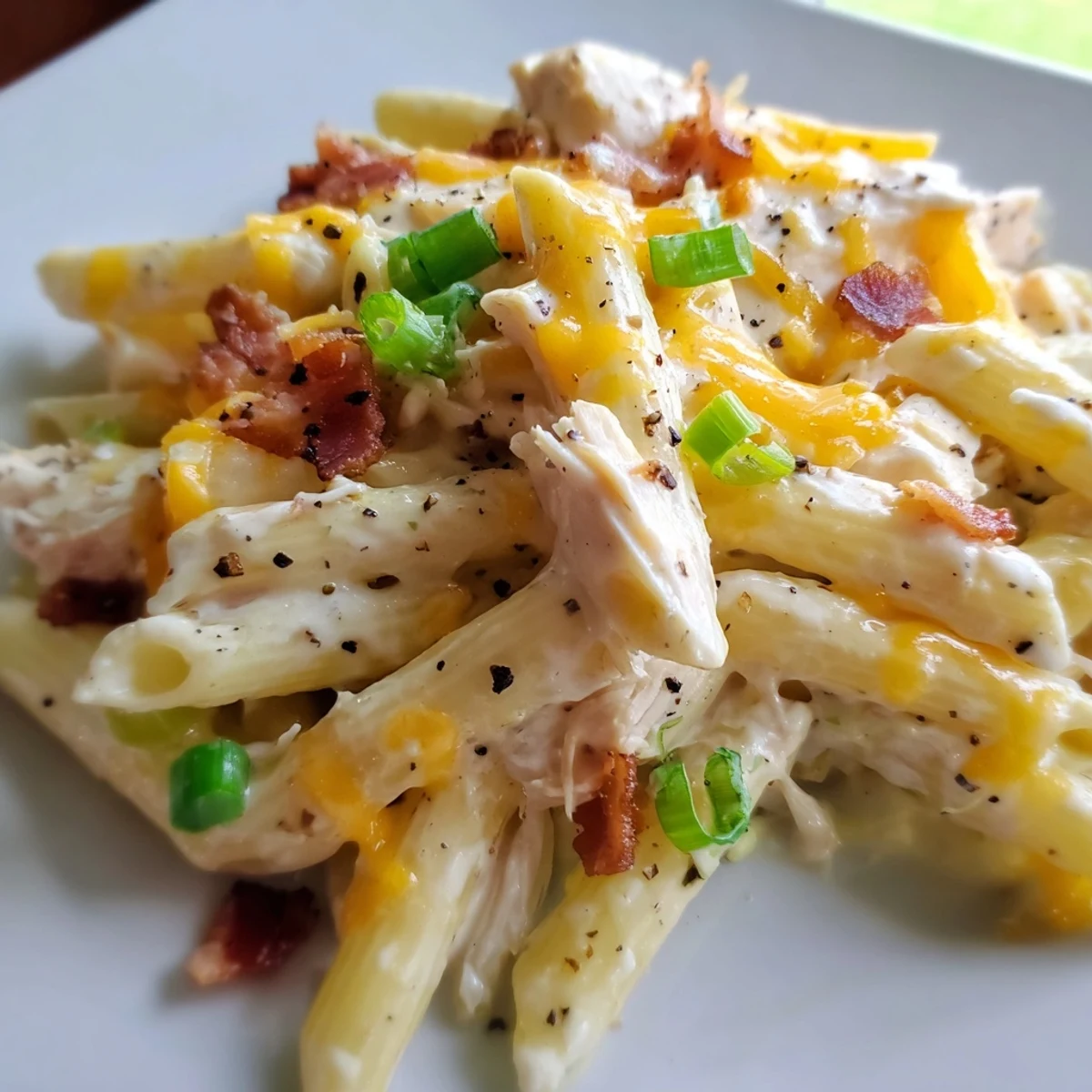 Creamy crack chicken pasta tossed in rich ranch sauce with crispy bacon bits and melted cheddar cheese on a white plate