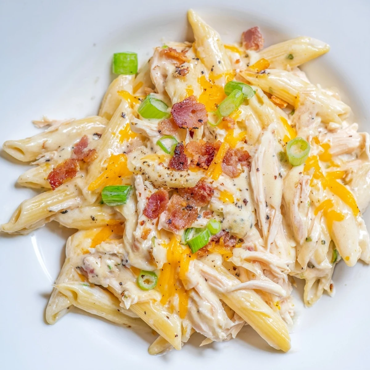 Steaming bowl of comforting crack chicken pasta featuring tender shredded chicken and penne coated in a velvety garlic parmesan cream sauce