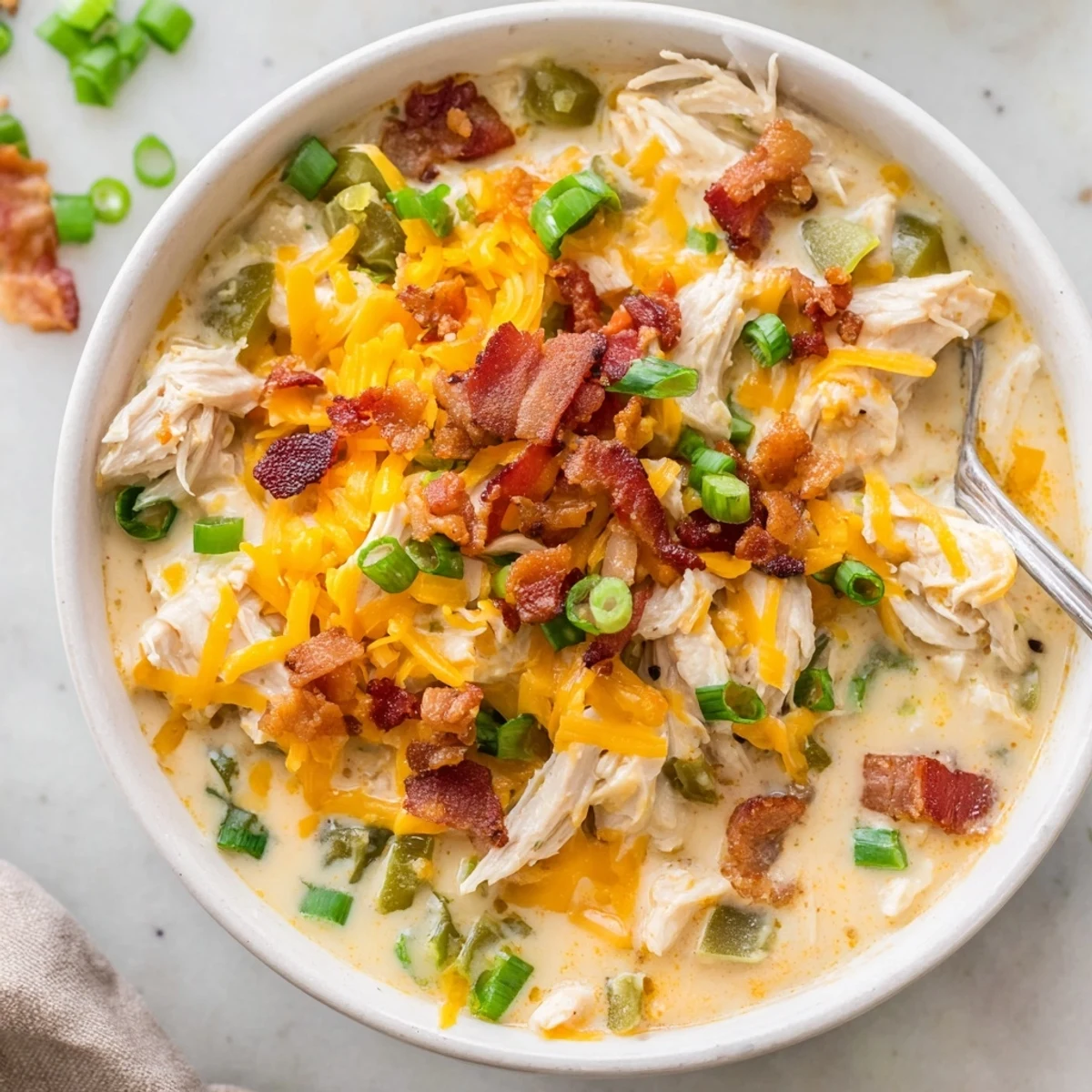 Bowl of rich jalapeno popper chicken soup topped with green onions and sharp cheddar cheese