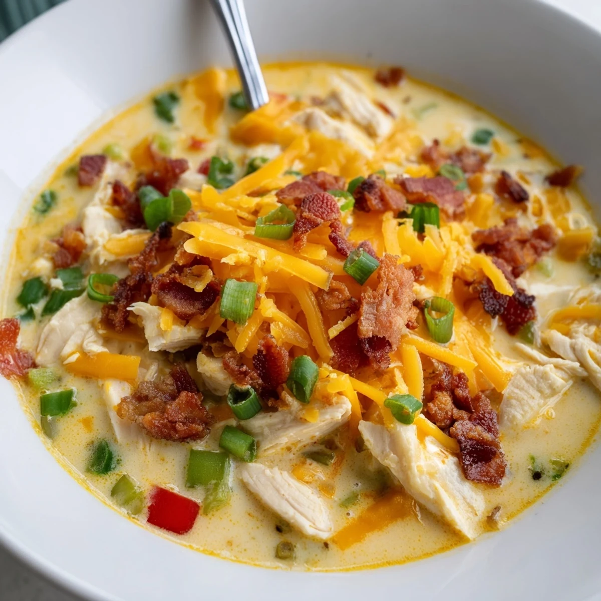 Creamy spicy jalapeno popper chicken soup garnished with crispy bacon crumbles and melted cheddar