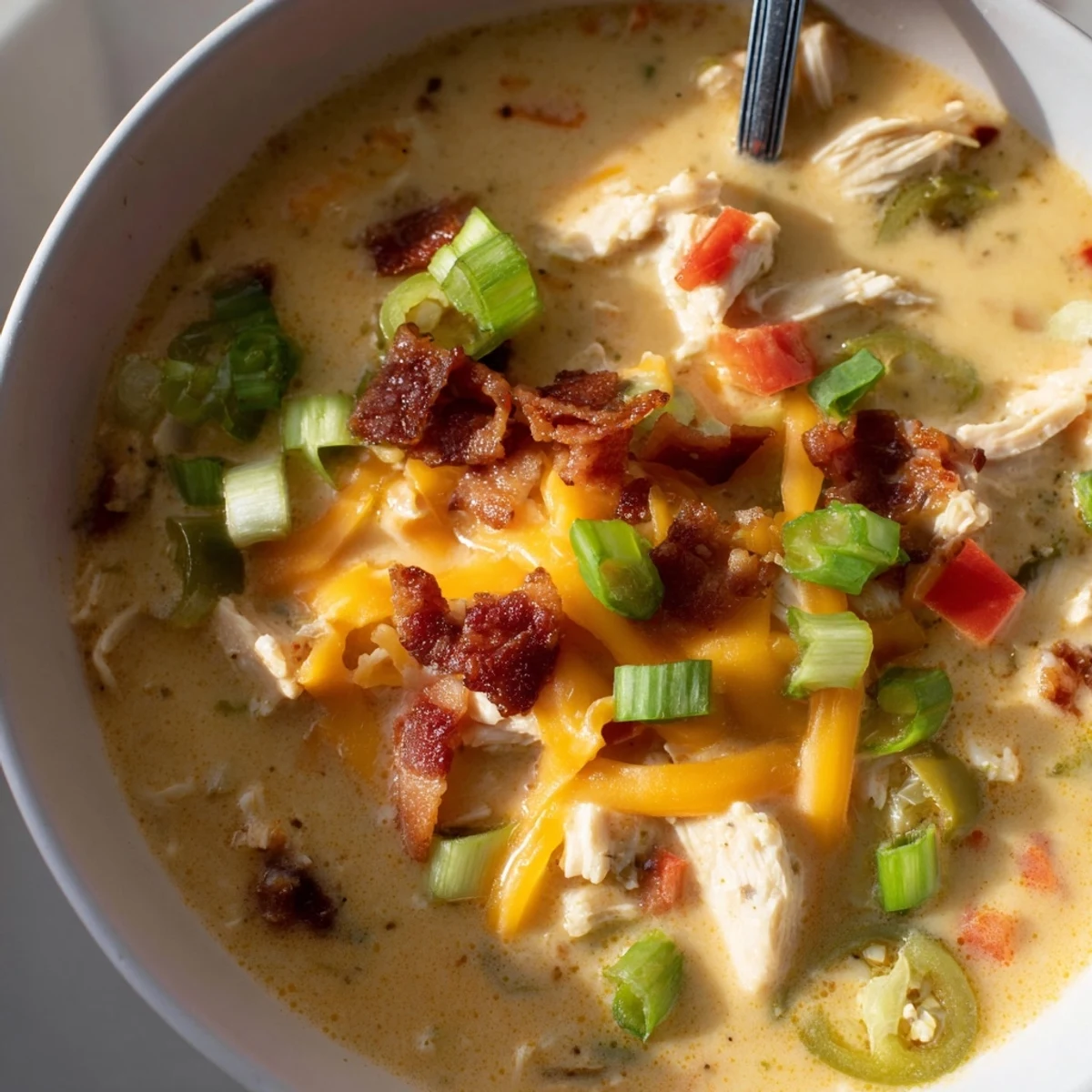 Steaming spicy jalapeno popper chicken soup with red bell peppers and extra shredded cheese topping