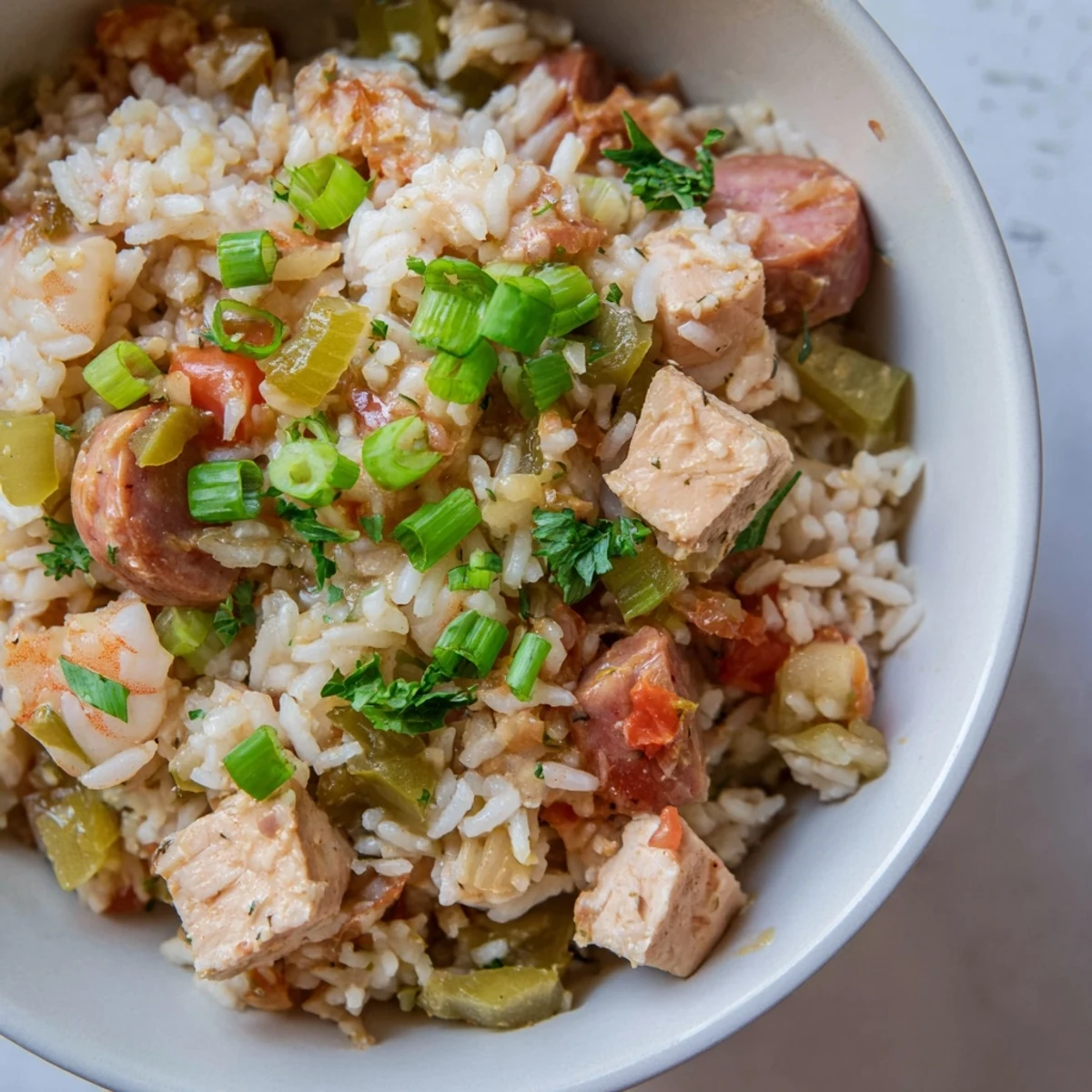 Slow cooker Crock Pot Jambalaya featuring tender chicken, sausage, and shrimp in a rich, spiced tomato broth with fluffy white rice