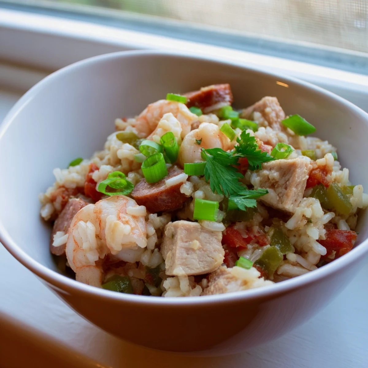 Hearty Crock Pot Jambalaya bowl loaded with savory Andouille, plump shrimp, and chicken pieces in a flavorful Creole sauce