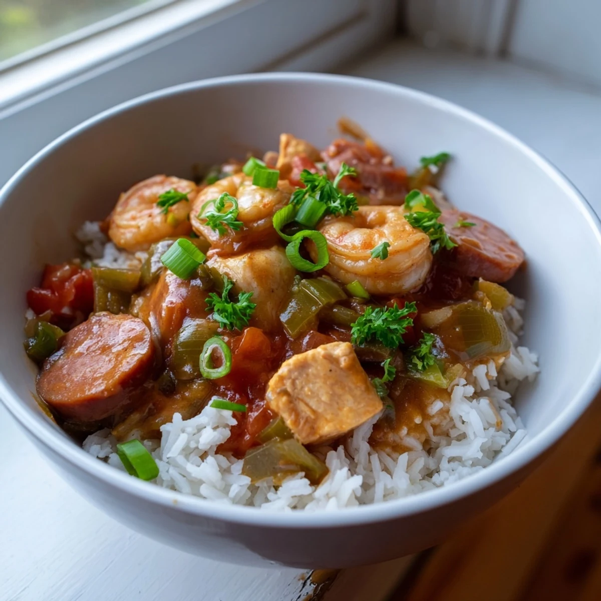 Colorful Crock Pot Jambalaya with bell peppers, onions, and celery nestled between chicken, sausage, and shrimp over perfectly cooked rice