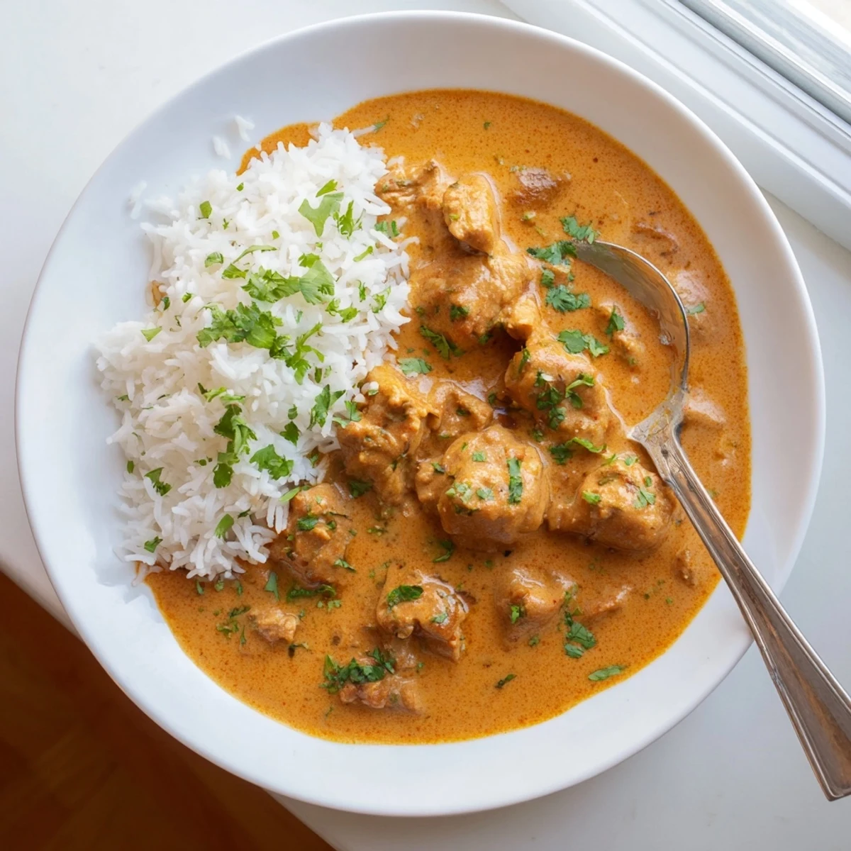 Creamy Instant Pot butter chicken served over fluffy white basmati rice with fresh cilantro garnish