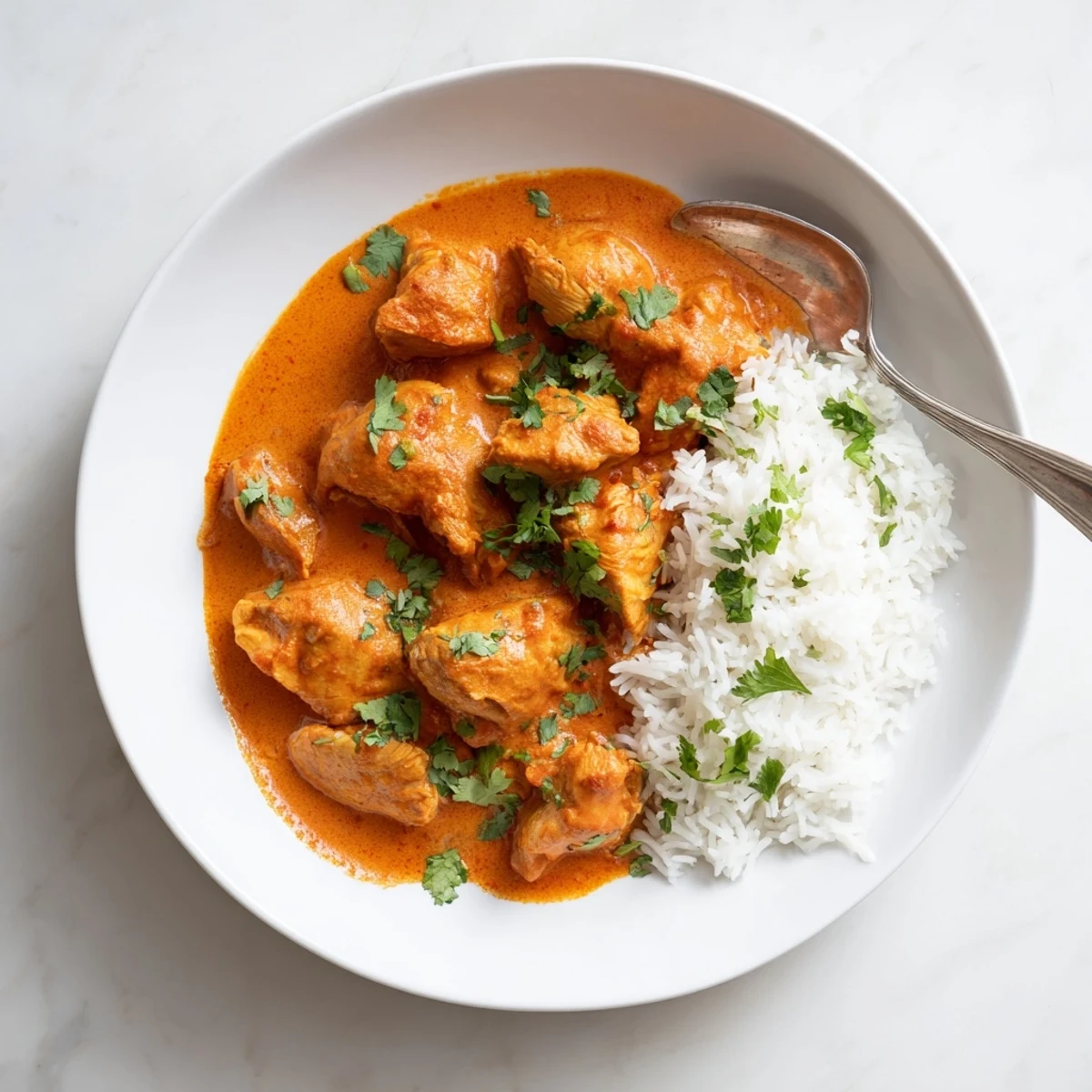 Golden butter chicken pieces coated in velvety orange curry sauce ready to scoop with naan