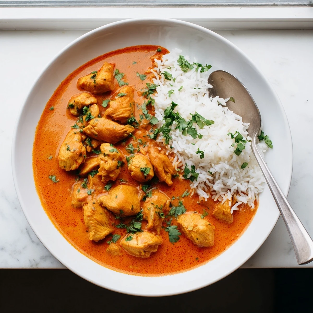 Tender chicken thighs simmered in rich spiced tomato sauce with butter in an Instant Pot