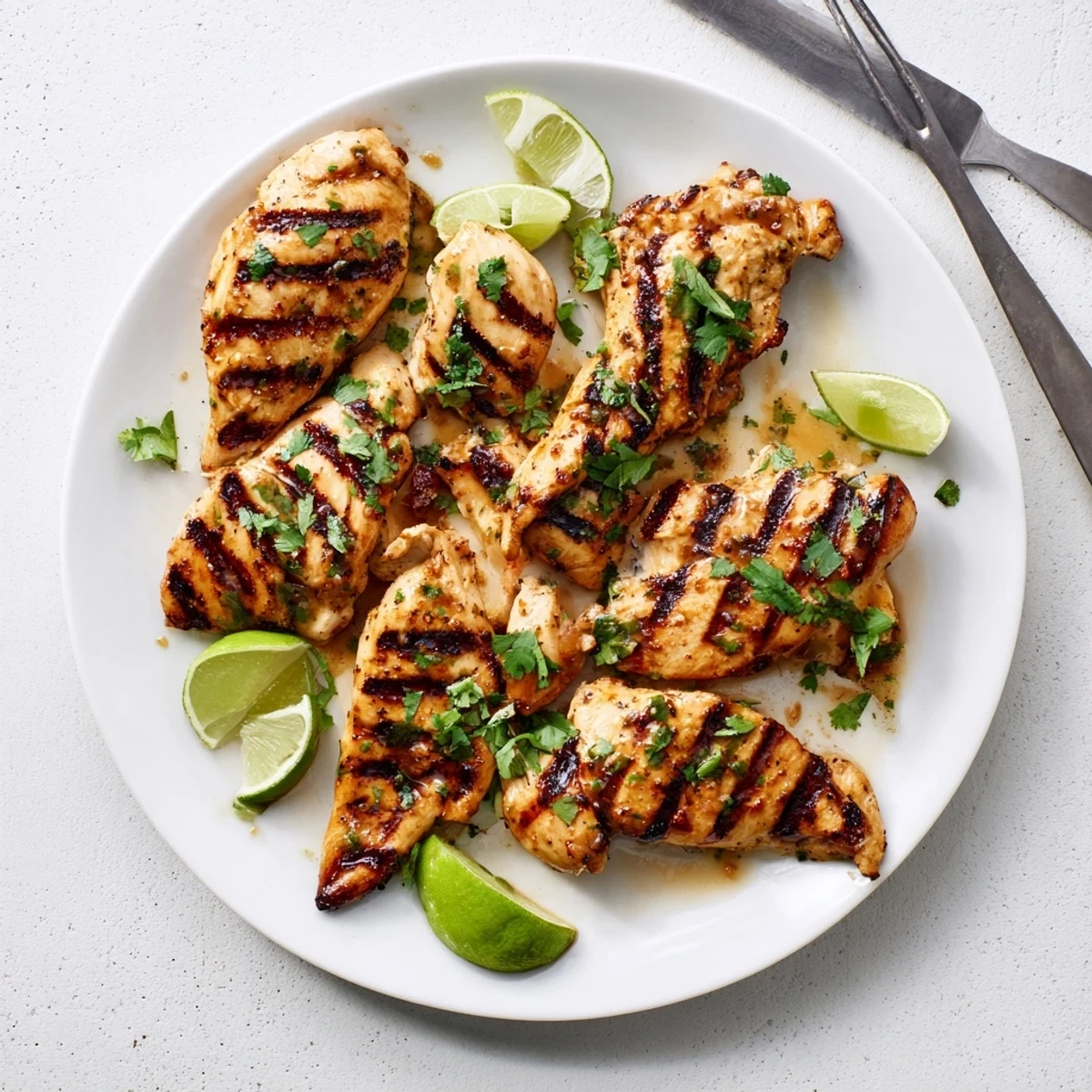 Golden Key West grilled chicken with zesty lime char marks and fresh cilantro garnish on a white plate