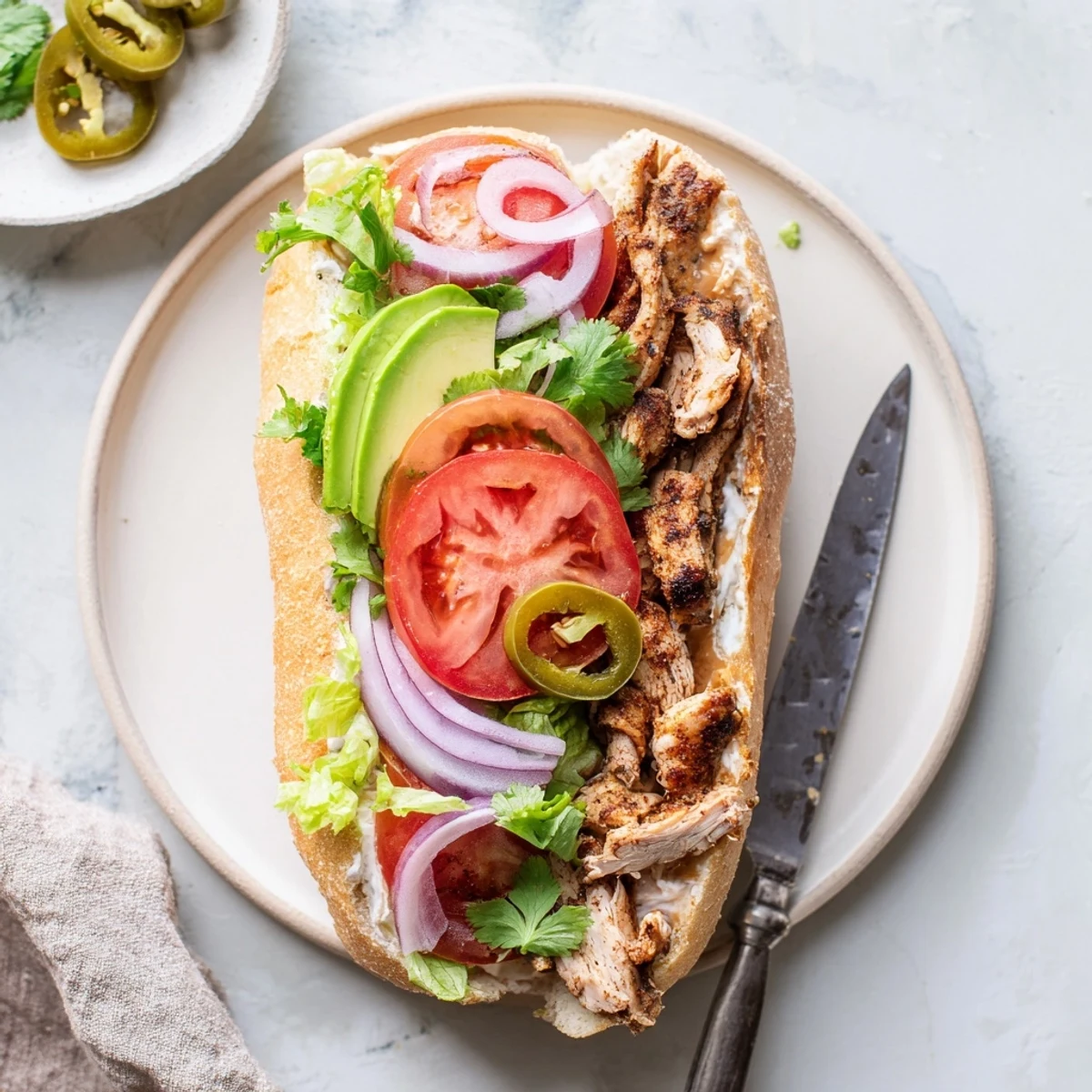 Golden chicken torta sandwich stacked with avocado, lettuce, and pickled jalapeños on a toasted bolillo roll