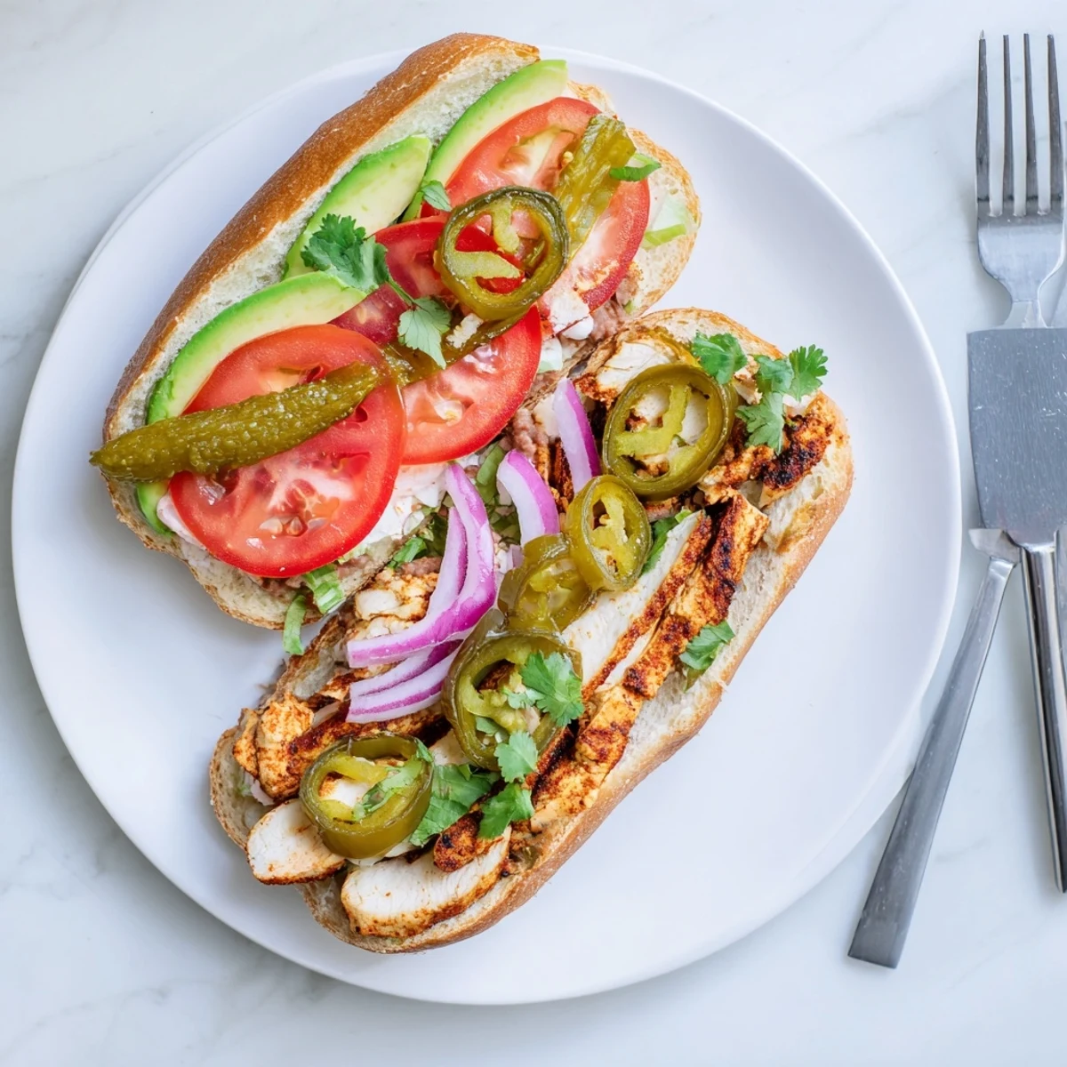 Mexican-style chicken torta sandwich featuring marinated grilled chicken, fresh tomatoes, and creamy refried beans