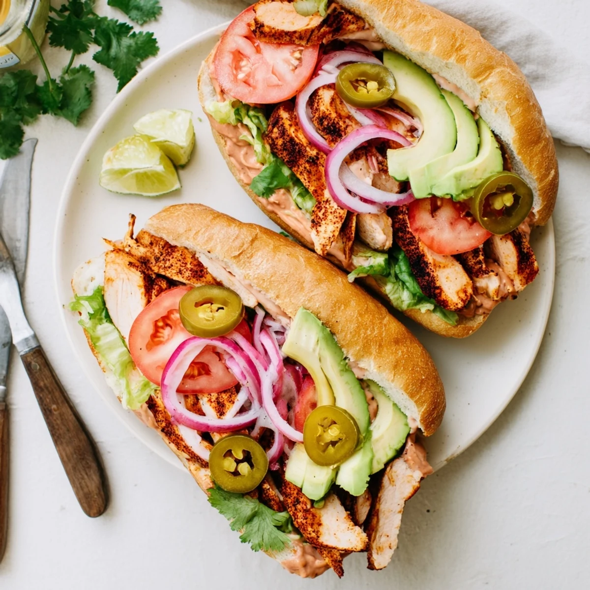 Hearty chicken torta sandwich with sliced avocado, red onion, and cilantro on soft Mexican bread