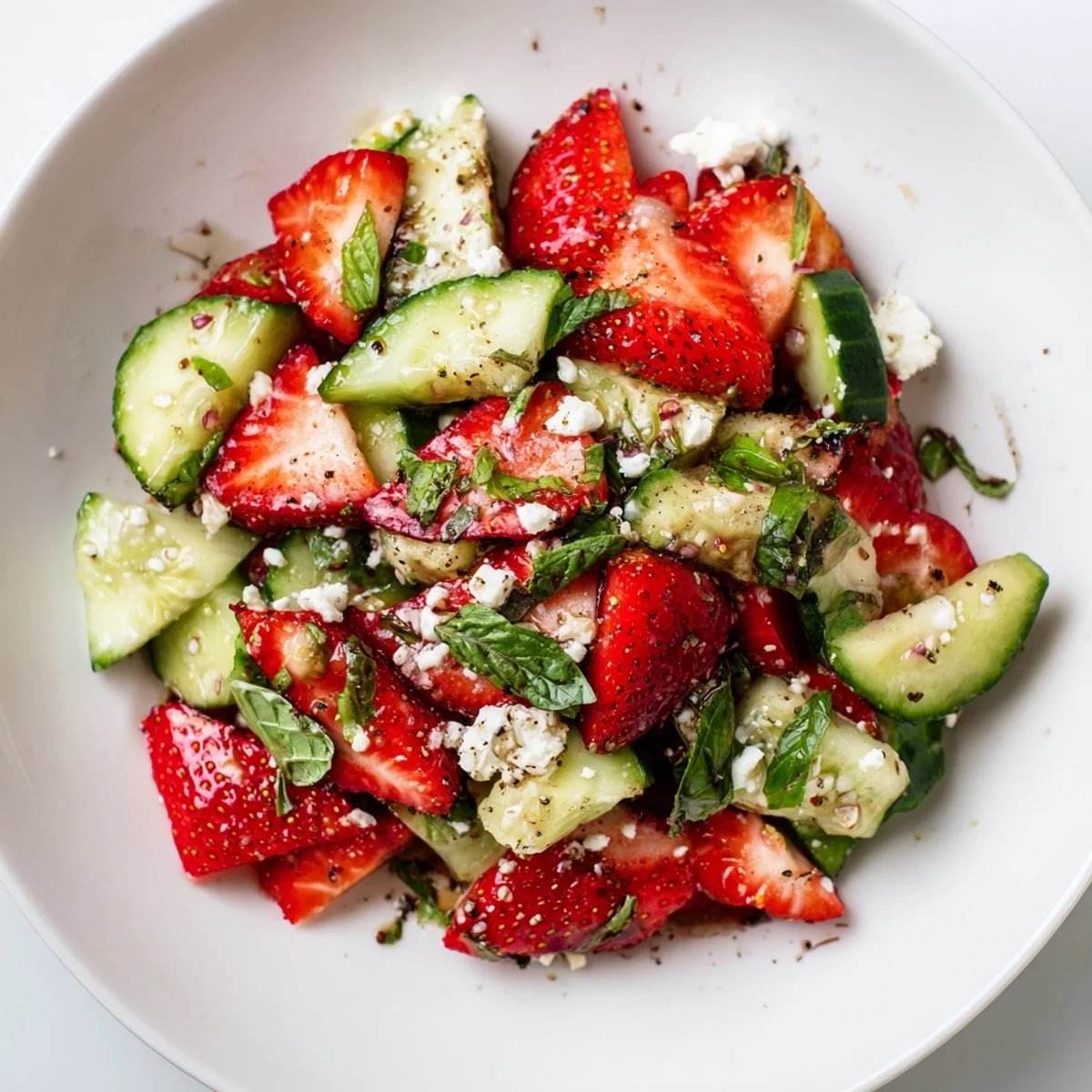 Fresh strawberry cucumber salad with sliced red berries and crisp green cucumber pieces tossed in light dressing