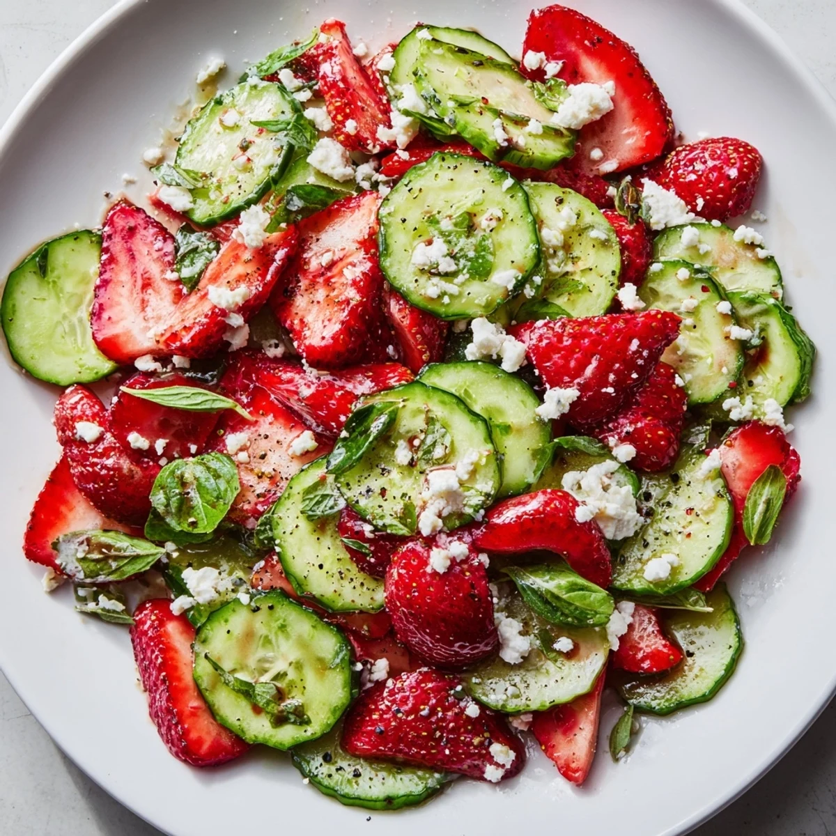 Summer strawberry cucumber salad plated on white dish with fresh mint basil leaves and crumbled feta cheese topping