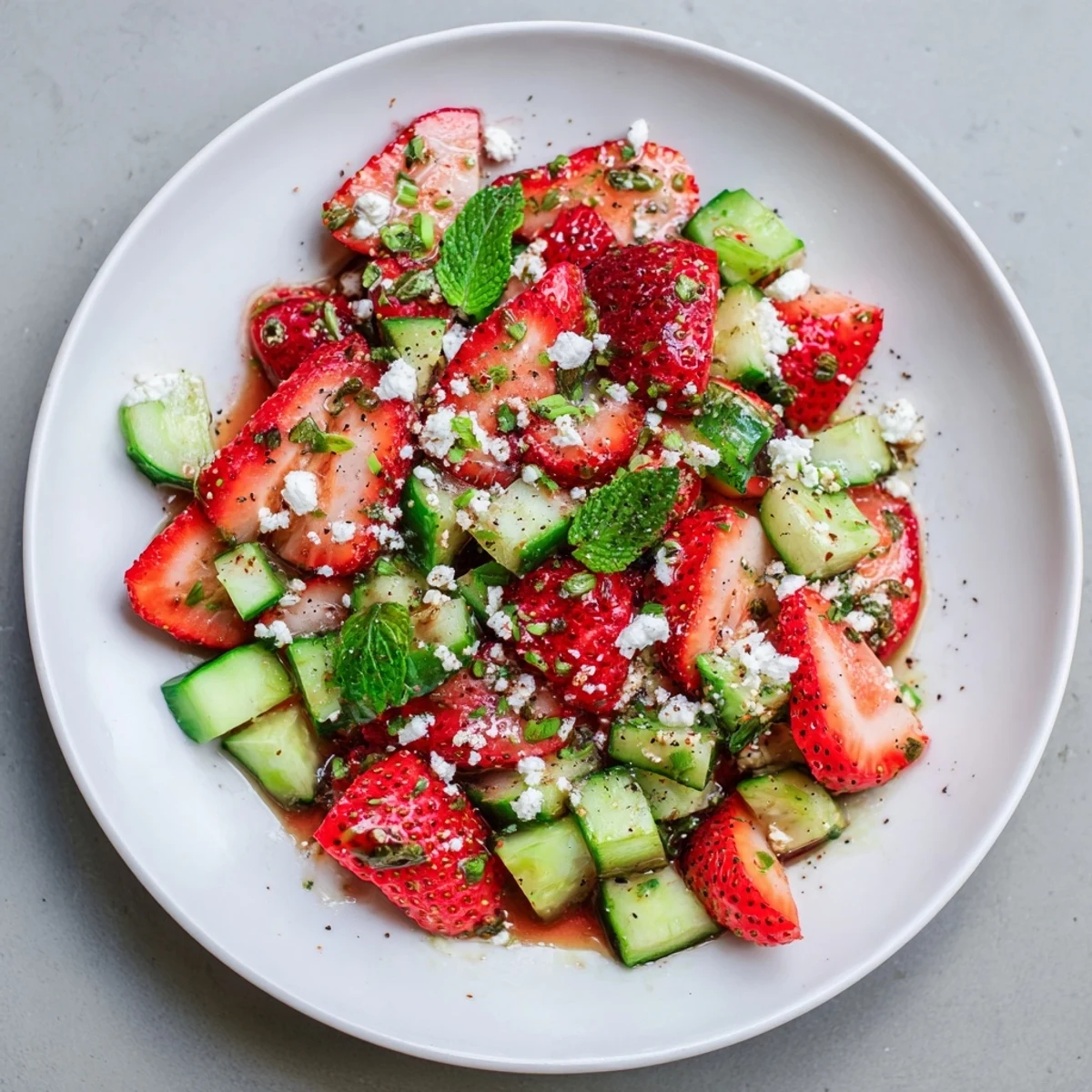 Colorful bowl of strawberry cucumber salad featuring juicy red fruit slices and thin cucumber ribbons in tangy balsamic dressing