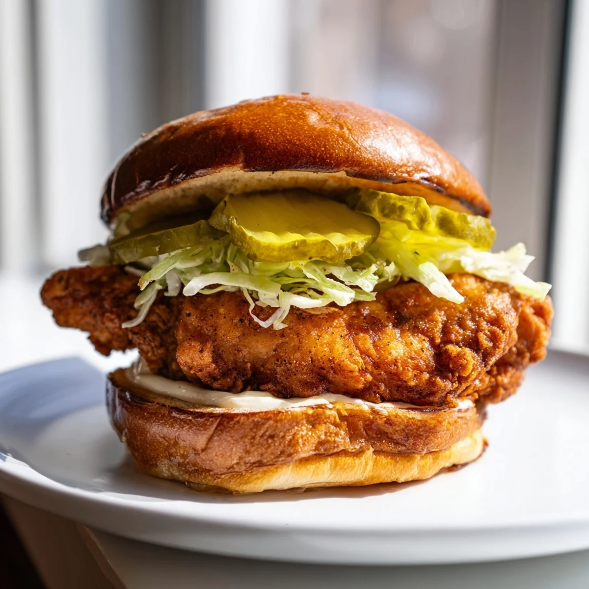 Crispy fried chicken breast marinated in tangy pickle brine served on soft bun with dill pickles