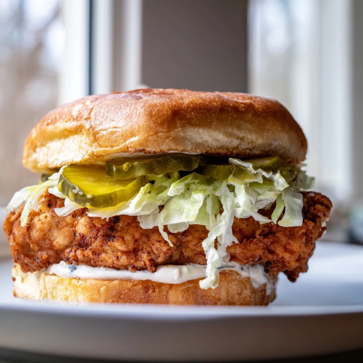 Juicy pickle brined fried chicken sandwich topped with fresh lettuce and pickle slices on golden bun