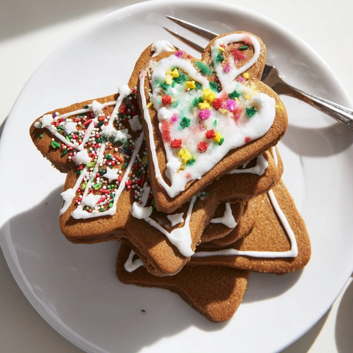 Golden brown classic cut out gingerbread cookies decorated with white icing and colorful sprinkles on a white plate