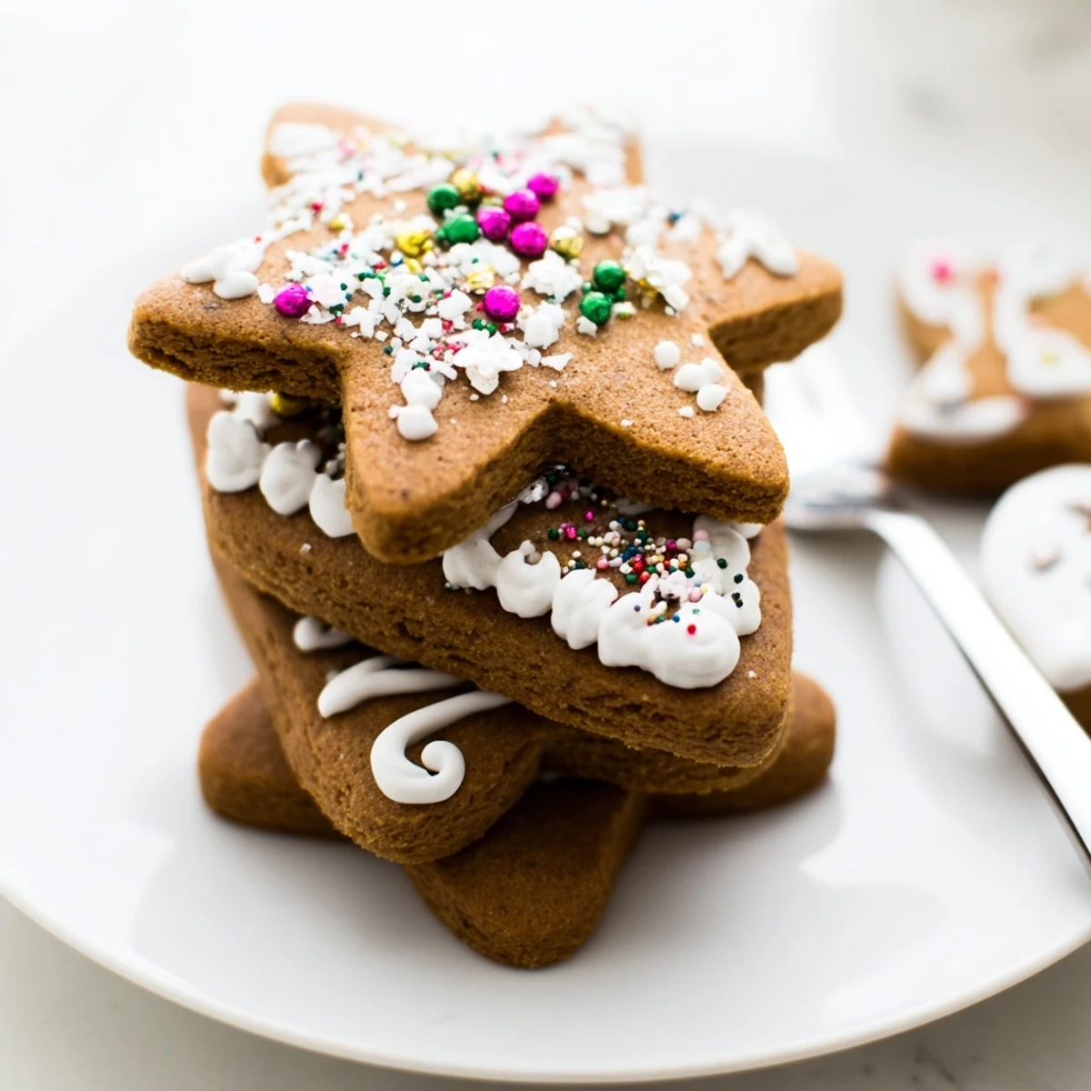 Soft spiced classic cut out gingerbread cookies shaped like stars and hearts with piped royal icing details