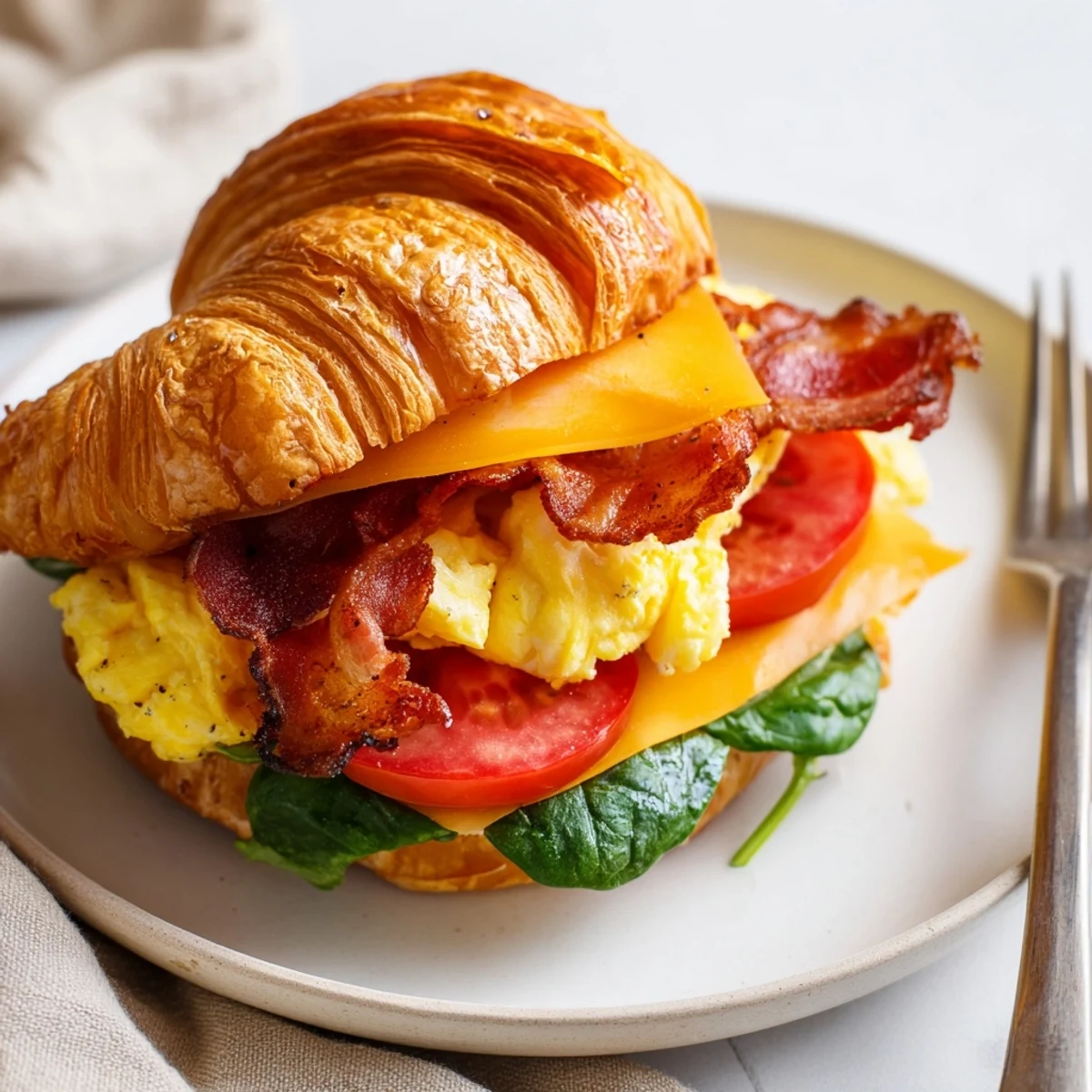 Golden croissant breakfast sandwiches stacked with fluffy scrambled eggs, crispy bacon, and melted cheddar cheese