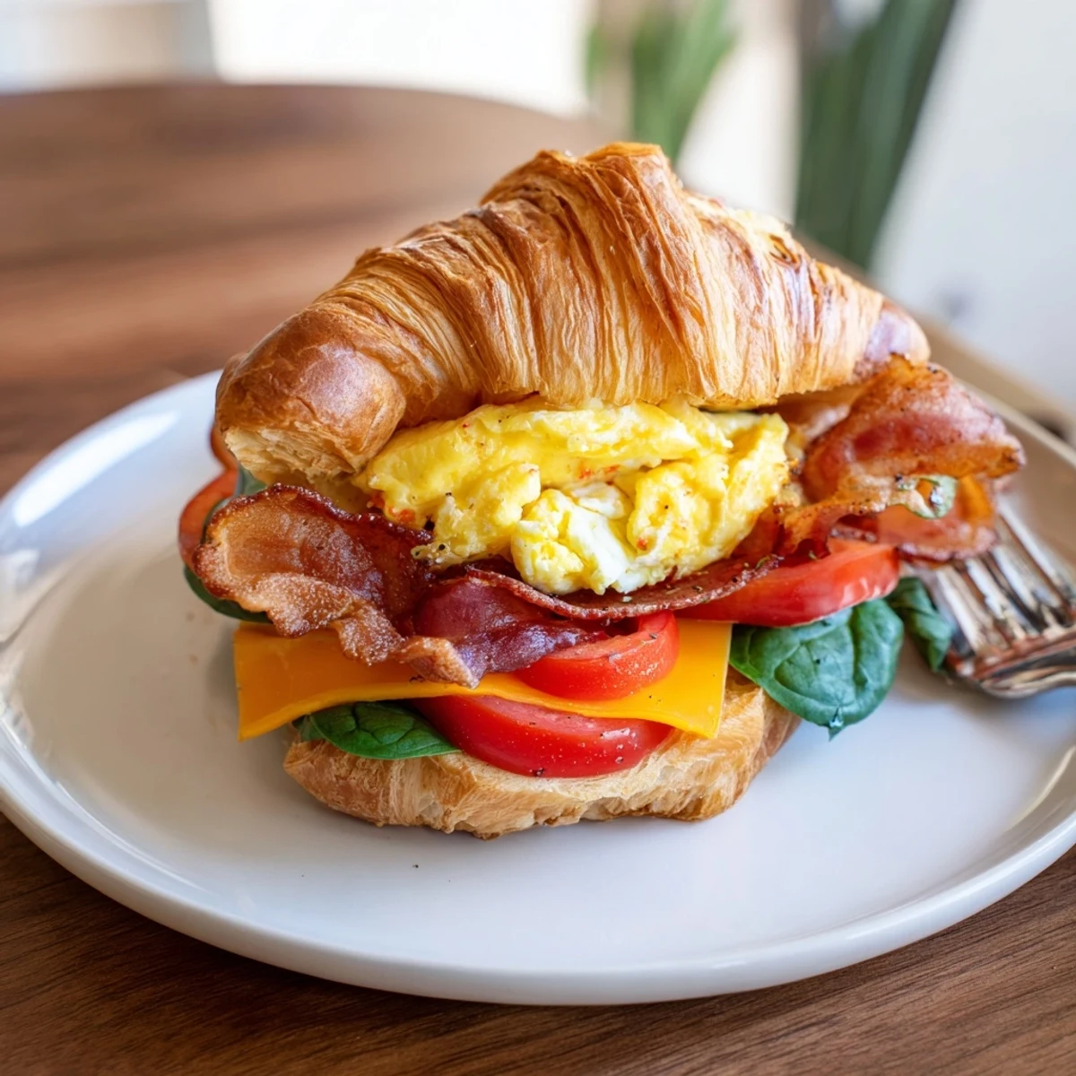 Savory croissant breakfast sandwiches layered with fresh spinach, tomato, and warm melted cheese on buttery pastry