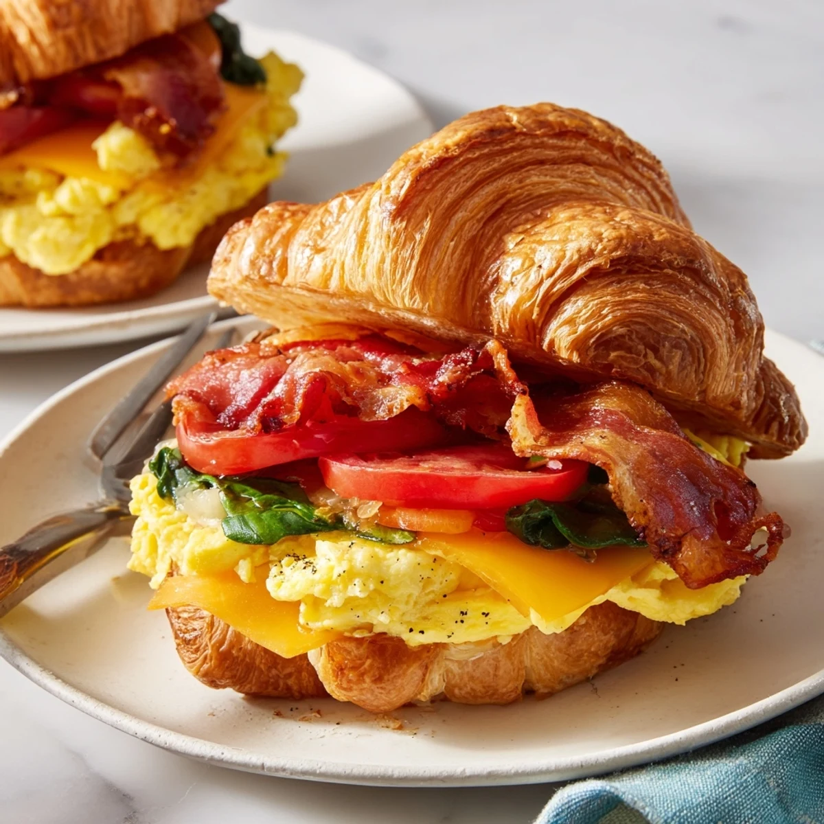 French-American croissant breakfast sandwiches featuring soft eggs, crispy bacon, and melty cheese for a hearty morning meal